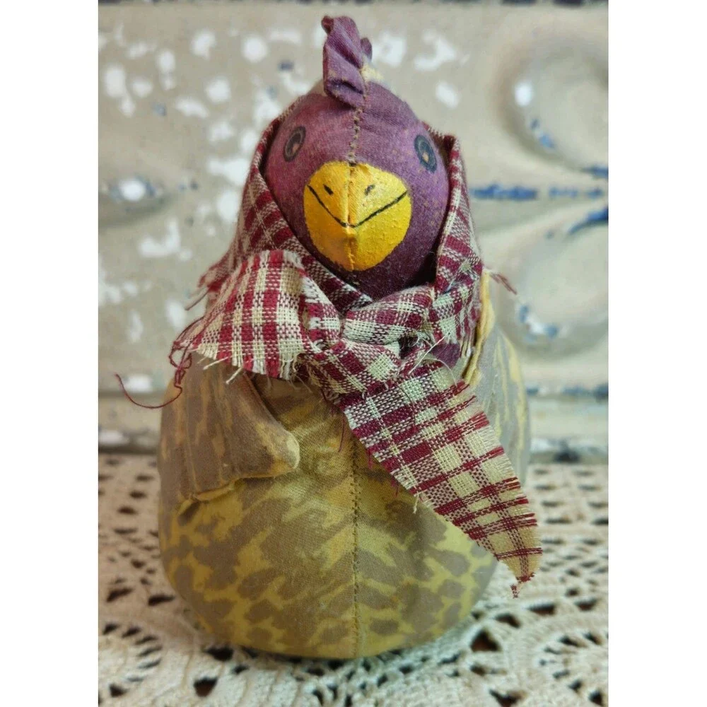 Adorable Fabric Mixed Materials Chicken Pin Cushion Figurine 5"